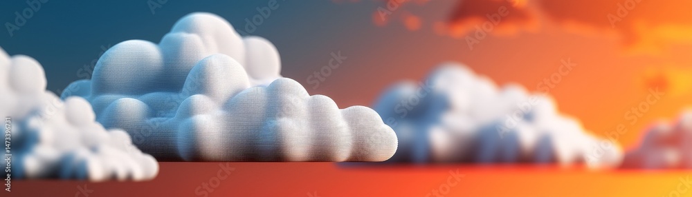 Real-Time Data Flow in the Digital Cloud Environment, Soft, textured clouds against a vibrant sunset background create a serene atmosphere.