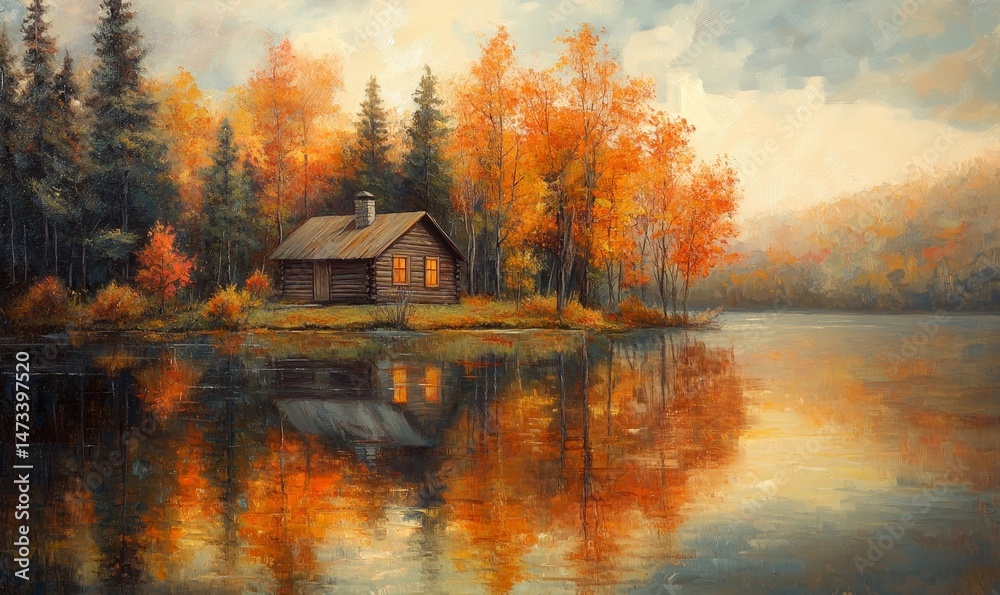 Fototapeta premium serene painting of a small cabin by a lake, surrounded by autumn trees reflecting on the water, Generative AI