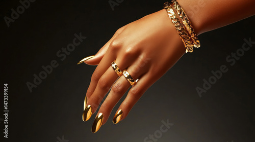 The bracelets shine compliments smooth nails and chic elegance in a clean minimal wrist pose. AI generative