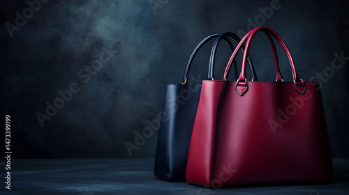 Stylish leather handbags are showcased against a dark luxury backdrop, highlighting high-end fashion and elegance through soft textures and premium design. AI generative