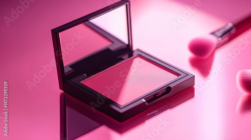 A pink blush makeup compact with soft brushes is arranged neatly in a clean flatlay showcasing beauty and elegance in a modern cosmetic design. AI generative