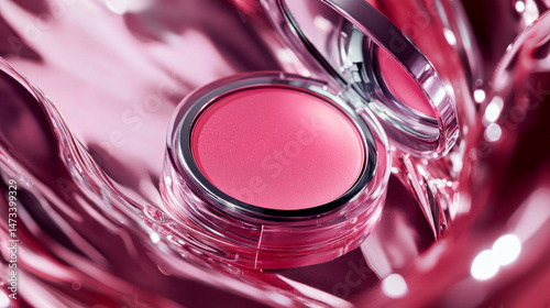 A pink blush makeup compact with soft brushes is arranged neatly in a clean flatlay showcasing beauty and elegance in a modern cosmetic design. AI generative