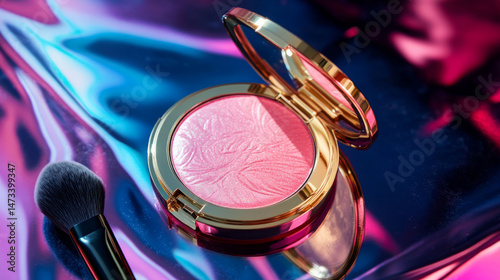 A pink blush makeup compact with soft brushes is arranged neatly in a clean flatlay showcasing beauty and elegance in a modern cosmetic design. AI generative