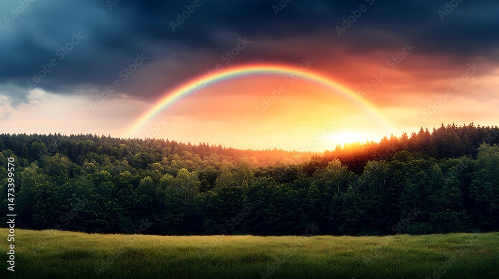 Naklejka premium Majestic Rainbow Arching Over a Lush Green Forest at Sunset A breathtaking natural landscape photograph
