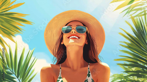 A cheerful woman enjoys her summer vacation with a radiant smile, capturing the carefree energy of travel and the warmth of beach life. AI generative