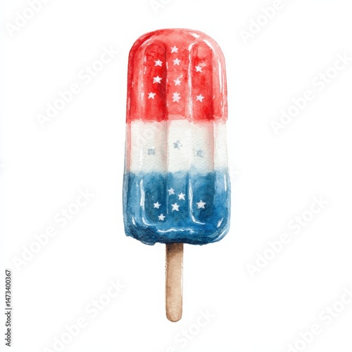 Festive Frozen Treat: A captivating watercolor depiction of a red, white, and blue popsicle, adorned with stars, evokes the spirit of celebration and summer fun.