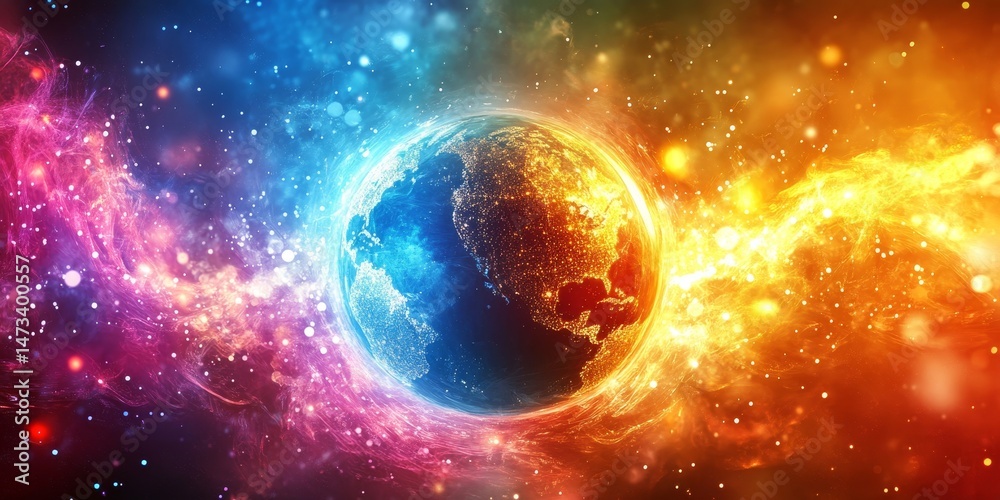 Obraz premium vibrant digital design of a globe surrounded by glowing data streams, symbolizing global communication, Generative AI