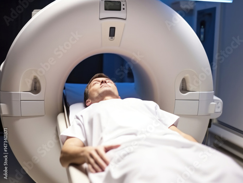 A patient lies supine on a medical scanner undergoing a scan