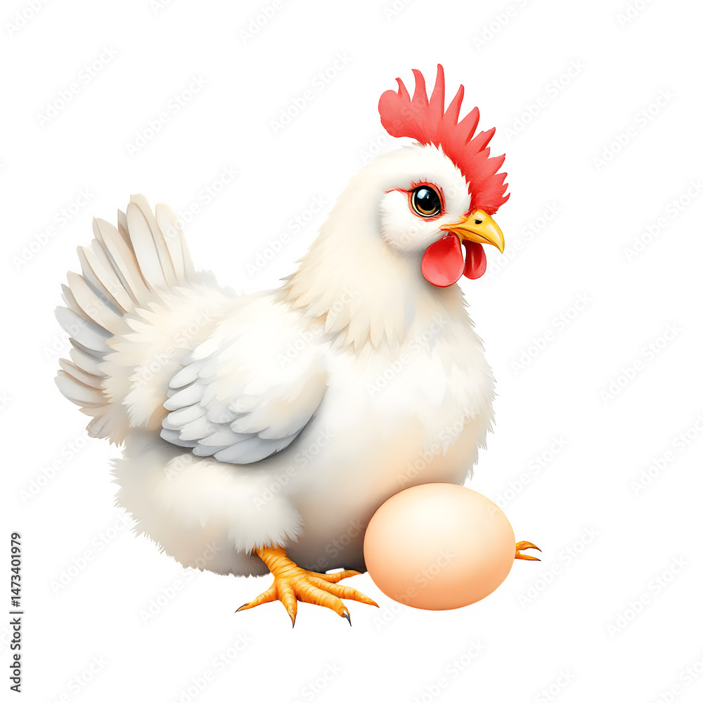 Fototapeta premium Adorable White Hen Sitting on a Fresh Egg Farm Animal Illustration