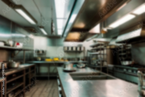 Interior of restaurant kitchen with professional utensils, out of focus, blurred