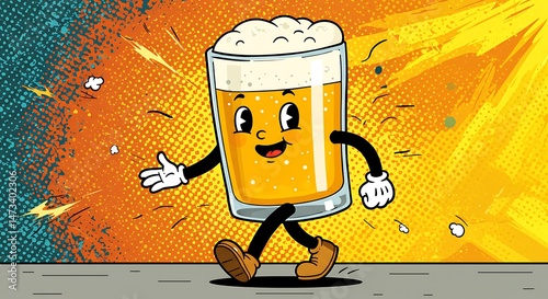 Happy Hour Stroll: Retro Cartoon Beer Illustration in Warm Tones