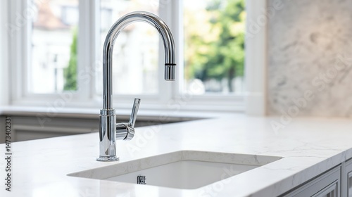 Modern kitchen sink faucet and countertop design.