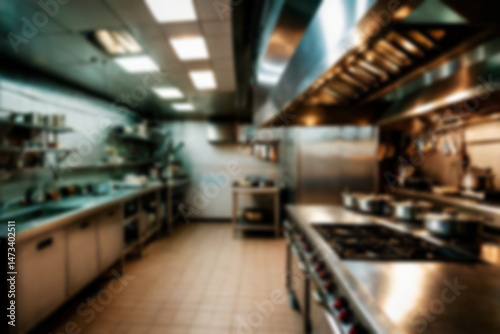 Interior of restaurant kitchen with professional utensils, out of focus, blurred