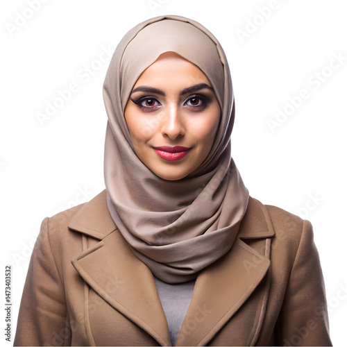 stylish young Arab woman wearing hijab and coat isolated on transparent background