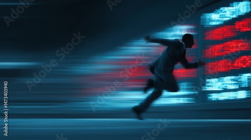 Silhouette in dynamic motion beside scrolling financial ticker, corporate agility and data-driven action 