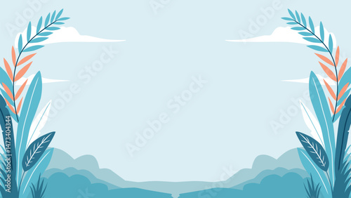 Tropical summer design with a vector frame of flowers and butterflies under the sun and clouds