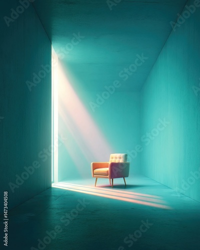 Social Isolation and Loneliness. Single Armchair in a Teal Room Illuminated by a Ray of Light