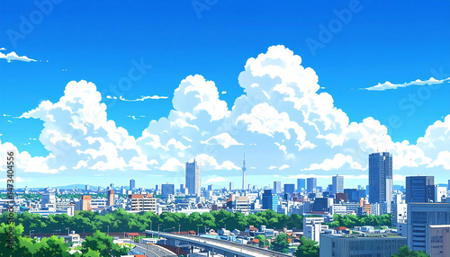 アニメ風、都会と空の風景のイラスト。Anime style city and sky landscape illustration.