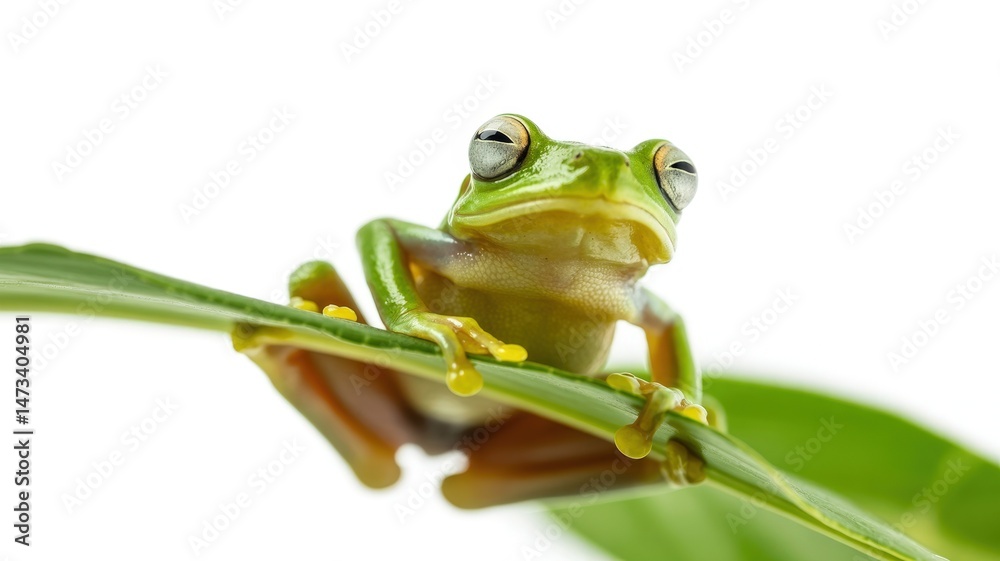A cute green tree frog sits upon a bright green leaf against a stark white background, looking up. A cute green tree frog sits upon a bright green leaf against a stark white background, looking up.