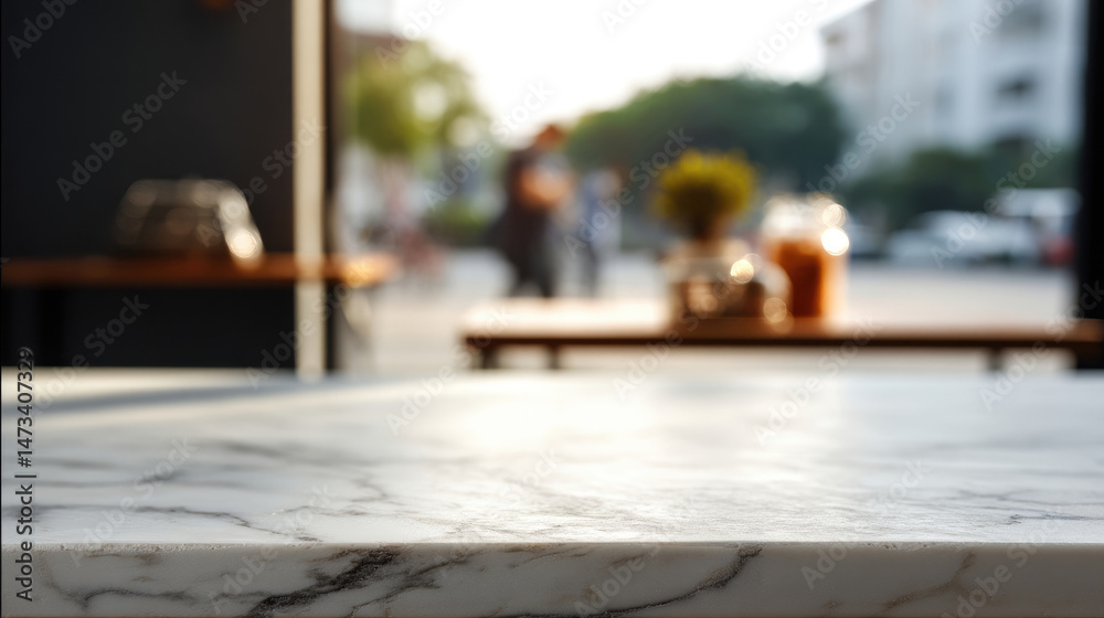 Fototapeta premium Sunlit marble counter top with blurred cafe background