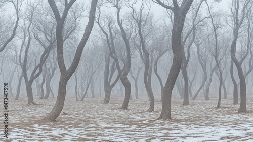 Foggy winter woodland with contorted trees