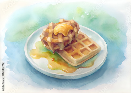 Golden Waffles with Syrup and Butter. A Delicious Breakfast Treat