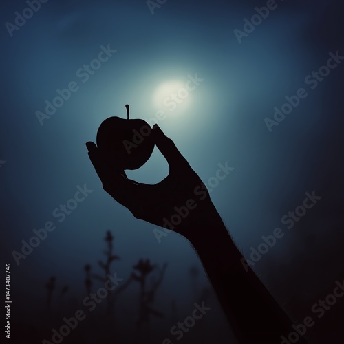 Mystical Apple Silhouette: Ethereal Moonlit Night Under Foggy Sky and Artistic Shadows in Nature's Dreamy Landscape