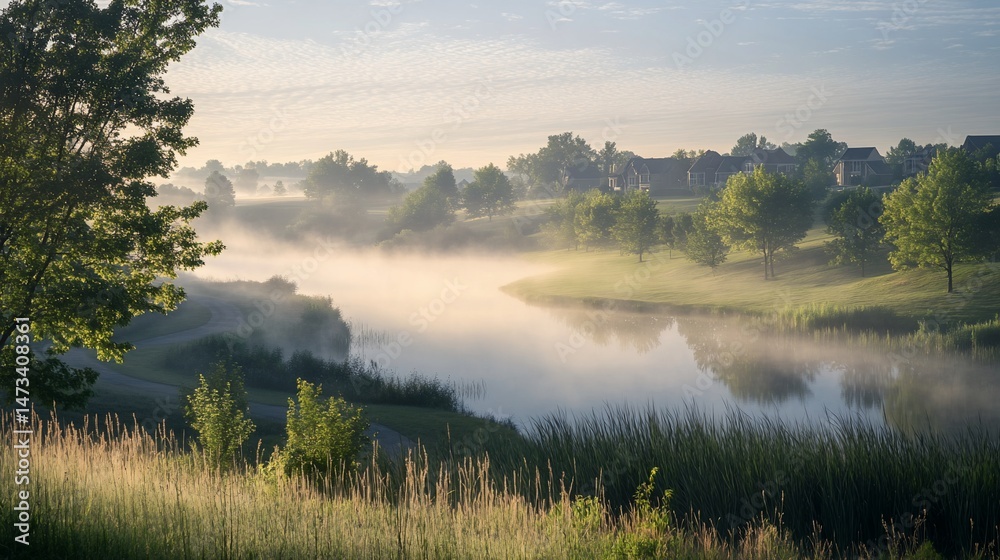 Fototapeta premium Misty morning over a tranquil golf course