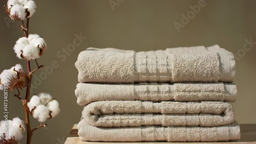 Stacked beige towels beside cotton plant