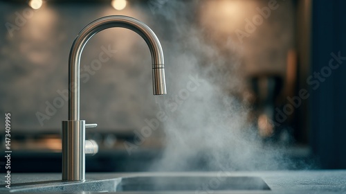 Modern kitchen faucet with steaming water in a stylish space.