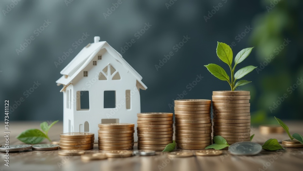 Model house figurine surrounded by stacks of coins representing financial growth and investment strategy Model house figurine surrounded by stacks of coins representing financial growth and investment strategy