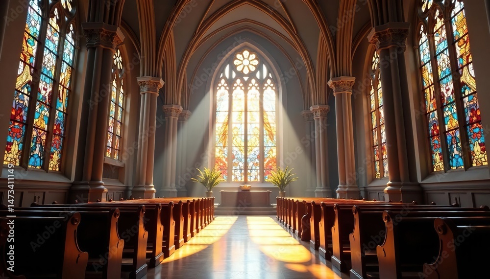 Fototapeta premium A serene church interior, sunlight streaming through stained glass windows , church, romanesque, chapel