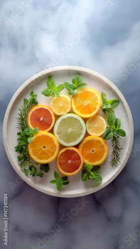 spa tray scene with diffuser Citrus Herbal Wellness Flatlay, Top View of Spa Tray with Sliced Citrus and Herbs for Aromatherapy