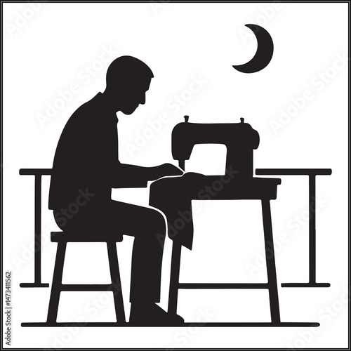 Man Sewing on Rooftop Balcony at Night