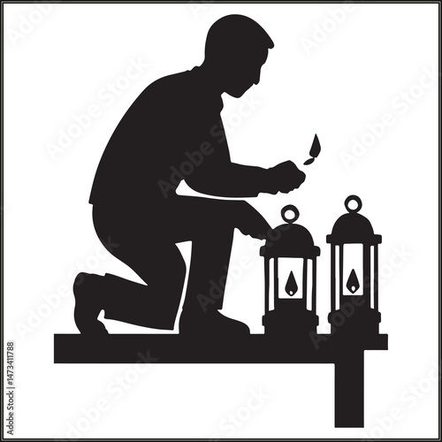 Man Lighting Lanterns on Rooftop