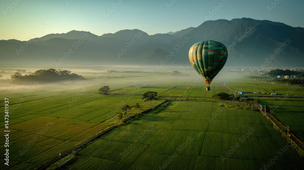 Obraz premium Hot air balloon floats over misty green rice paddies and mountains at sunrise