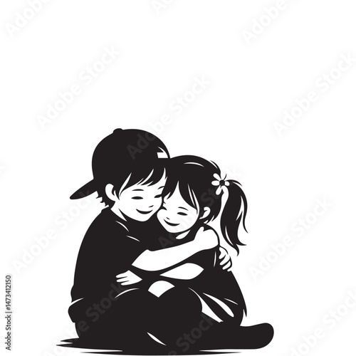 Siblings Hugging Silhouette Set Happy Family Hug Vector Black and White Sibling Bond