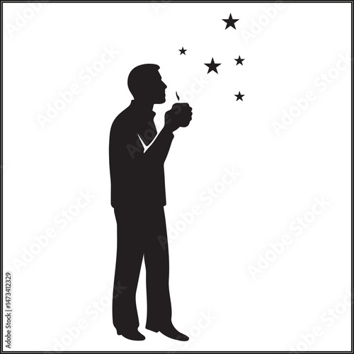 Man Stargazing with Hot Drink in Hand