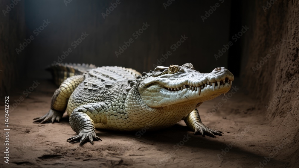 Fototapeta premium Captivating close-up of a formidable crocodile resting on earthy ground, showcasing textures