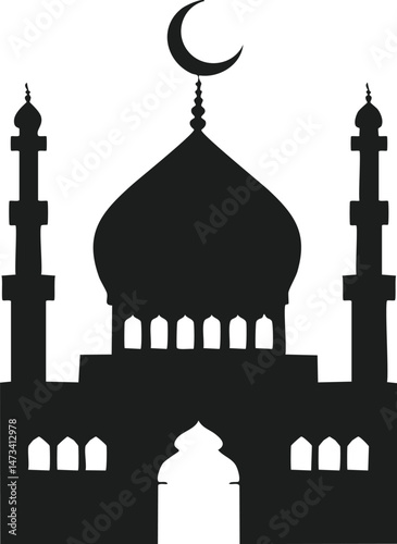 Vector Silhouette of an Islamic Mosque with Dome Architecture and Minarets in Traditional Middle Eastern Style – Black and White Minimalist Illustration