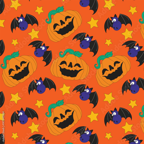 A seamless Halloween pattern with cute jack-o'-lantern pumpkins and spooky bats, perfect for seasonal prints, wrapping paper, textile designs, or Halloween party backgrounds and decorations in October