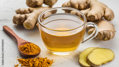 Warm Golden Ginger Tea with Turmeric Powder and Fresh Root Slices