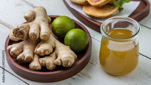 Fresh Ginger Roots and Green Limes Arranged on a Dark Wooden Plate with Blurred Background Elements