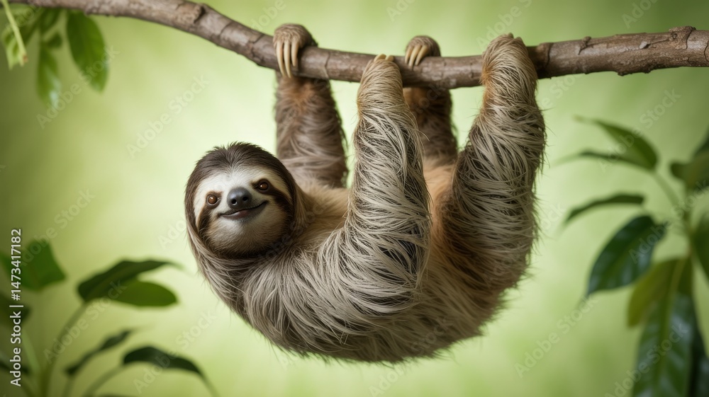 Fototapeta premium A smiling sloth hangs upside down from a tree branch against a soft green background