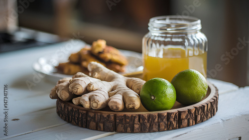 Fresh Ginger Roots and Vibrant Limes Beside Jar of Golden Liquid on Rustic Wooden Tray Ingredients for Healthy Beverage or Cuisine