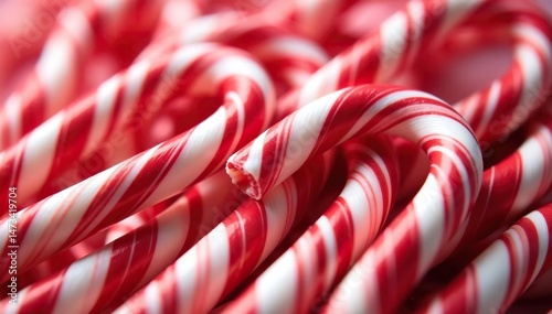 A pile of red and white candy canes, close-up view , canes, close-up, bright