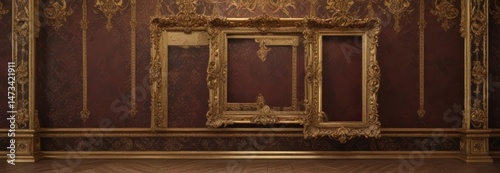 Elaborate gilded frames against rich damask backdrop ,  damask,  frame design,  art deco