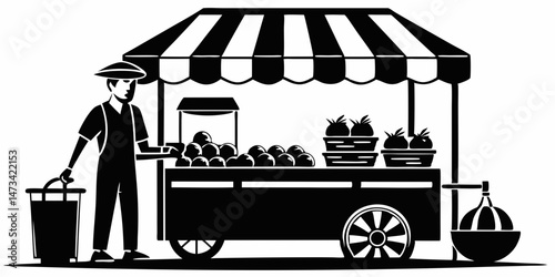 Fruit vendor cart black and white simple illustration street market fresh produce seller graphic