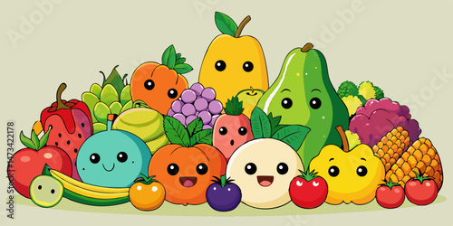 Adorable cartoon fruits veggies gather joyfully Vibrant colors playful expressions bright background