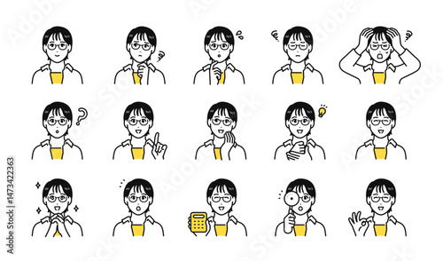 眼鏡をかけた若い女性の表情アイコンセット
